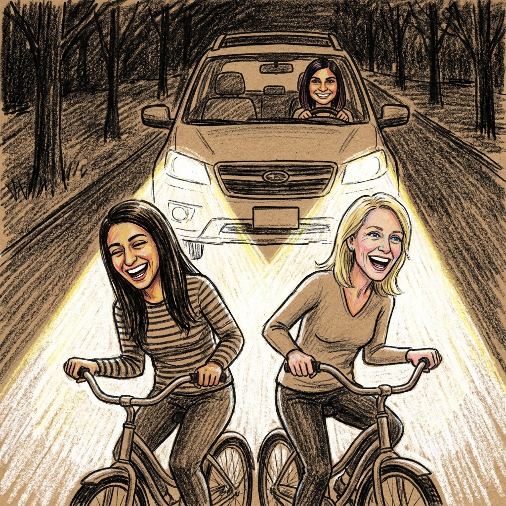 Illustration of two women biking at night in the high beams of an SUV